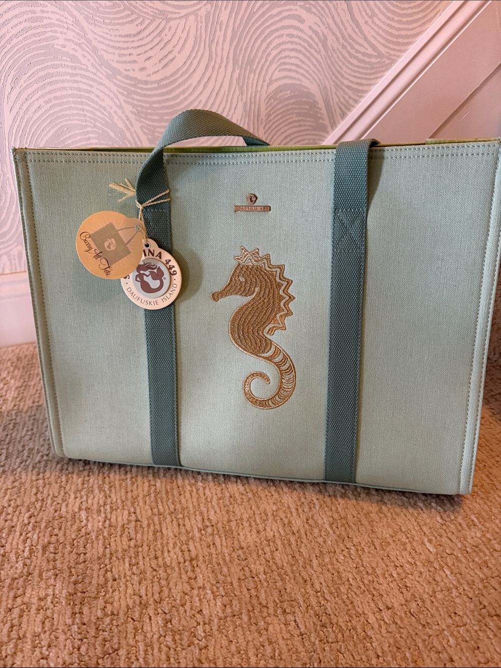 Spartina 449 Mint Green Canvas Tote with Embroidered Seahorse